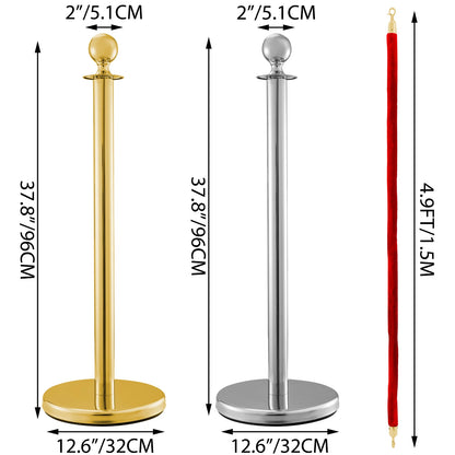 VEVOR 38Inch Gold Silver Stanchion Posts Queue Red Velvet Rope Crowd Control Line Barriers with Stable Base for Party Supplies