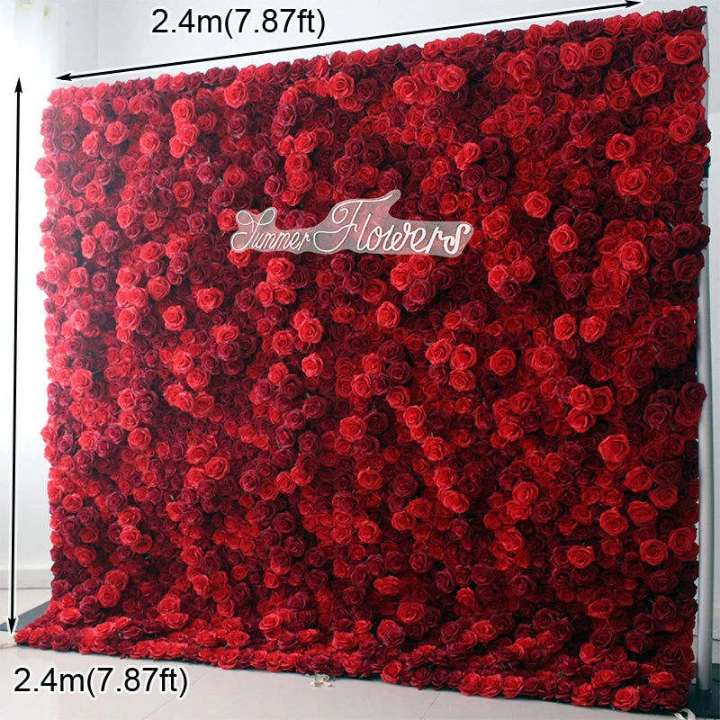 Red Rose Artificial Flower Wall Burgundy Fabric Cloth Roll Up Floral Wall Wedding Party Curtain Backdrop Deco 3.2/7.8ft 5D