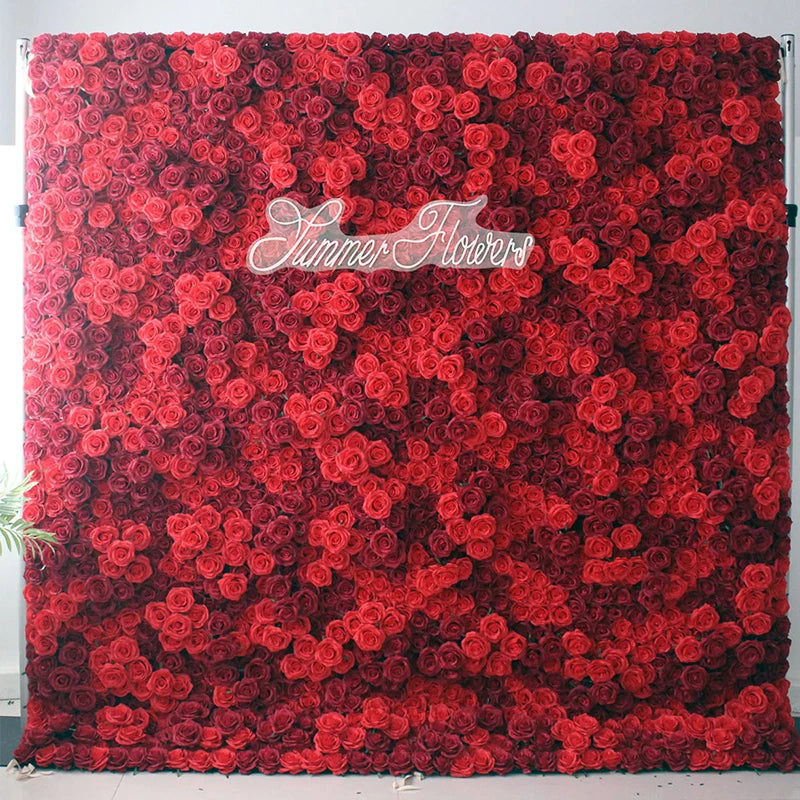 Red Rose Artificial Flower Wall Burgundy Fabric Cloth Roll Up Floral Wall Wedding Party Curtain Backdrop Deco 3.2/7.8ft 5D
