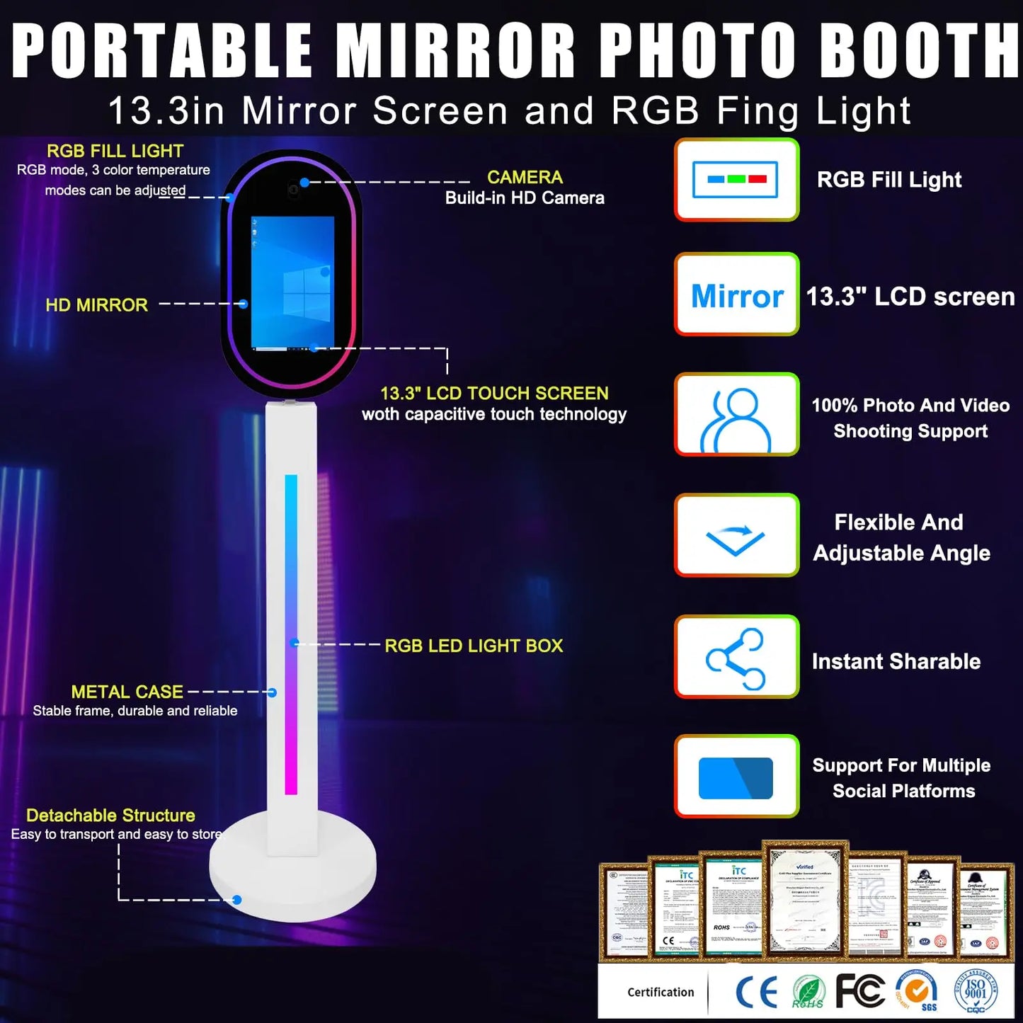 Mirror Photo Booth with Camera and APP Software Magic Selfie Station Shell Stand Photo booth Machine Touch Screen with Ring Light